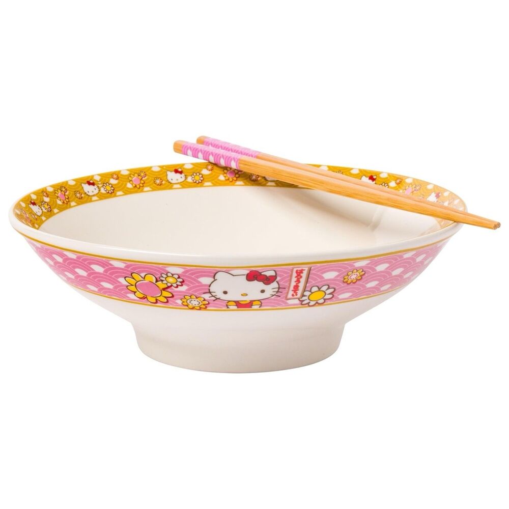 Sanrio Hello Kitty 30 oz Ceramic Ramen Bowl Chopsticks Pink Floral Fan Gift NEW